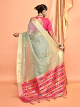 Dista Elora Dusty Blue Pure Linen Silk Ikat Butti Zari Weaving Saree, view 3