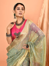 Dista Elora Dusty Blue Pure Linen Silk Ikat Butti Zari Weaving Saree, view 4