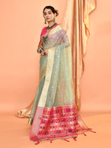 Dista Elora Dusty Blue Pure Linen Silk Ikat Butti Zari Weaving Saree, view 5