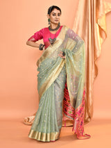 Dista Elora Dusty Blue Pure Linen Silk Ikat Butti Zari Weaving Saree, view 6