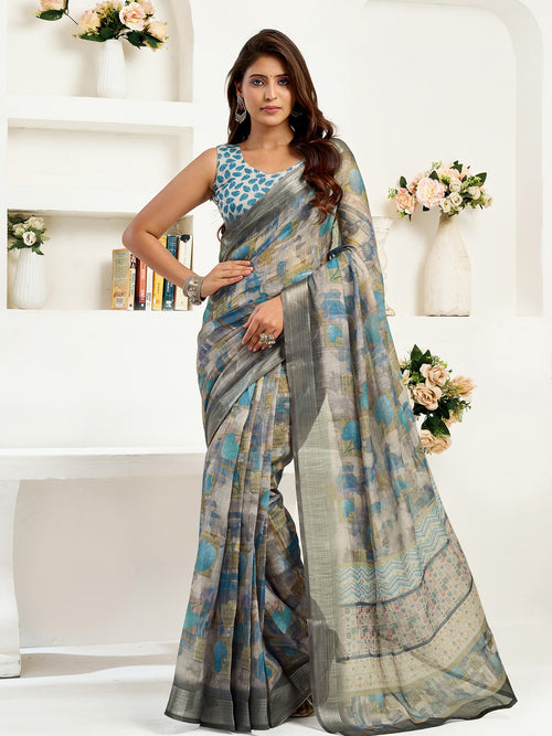 Dista Elora  Dusty Brown Linen Floral & Ethnic Motifs Printed Ready to Wear Saree