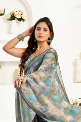 Dista Elora  Dusty Brown Linen Floral & Ethnic Motifs Printed Ready to Wear Saree, view 3