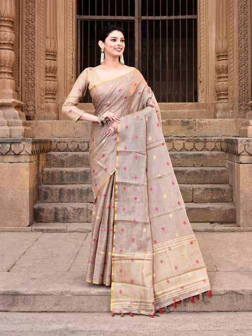 Dista Elora Dusty Brown Linen Tissue Multicolor Polka Dot Ikat Festive wear Saree