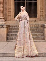 Dista Elora Dusty Brown Linen Tissue Multicolor Polka Dot Ikat Festive wear Saree, view 2