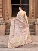 Dista Elora Dusty Brown Linen Tissue Multicolor Polka Dot Ikat Festive wear Saree, view 3