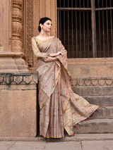 Dista Elora Dusty Brown Linen Tissue Multicolor Polka Dot Ikat Festive wear Saree, view 4