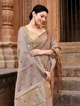 Dista Elora Dusty Brown Linen Tissue Multicolor Polka Dot Ikat Festive wear Saree, view 5