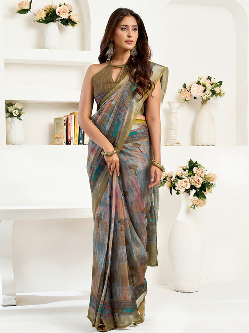 Dista Elora Dusty Green Linen Floral & Ethnic Motifs Printed Ready to Wear Saree