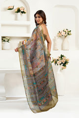 Dista Elora Dusty Green Linen Floral & Ethnic Motifs Printed Ready to Wear Saree, view 2
