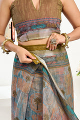 Dista Elora Dusty Green Linen Floral & Ethnic Motifs Printed Ready to Wear Saree, view 3