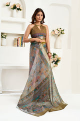 Dista Elora Dusty Green Linen Floral & Ethnic Motifs Printed Ready to Wear Saree, view 4
