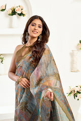Dista Elora Dusty Green Linen Floral & Ethnic Motifs Printed Ready to Wear Saree, view 5