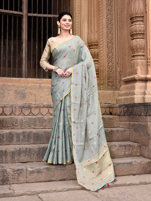 Dista Elora Dusty Green Linen Tissue Multicolor Polka Dot Ikat Festive wear Saree