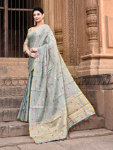 Dista Elora Dusty Green Linen Tissue Multicolor Polka Dot Ikat Festive wear Saree, view 2