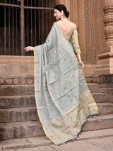 Dista Elora Dusty Green Linen Tissue Multicolor Polka Dot Ikat Festive wear Saree, view 3