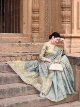 Dista Elora Dusty Green Linen Tissue Multicolor Polka Dot Ikat Festive wear Saree, view 4