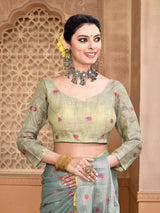 Dista Elora Dusty Green Linen Tissue Multicolor Polka Dot Ikat Festive wear Saree, view 5