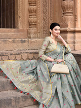 Dista Elora Dusty Green Linen Tissue Multicolor Polka Dot Ikat Festive wear Saree, view 6