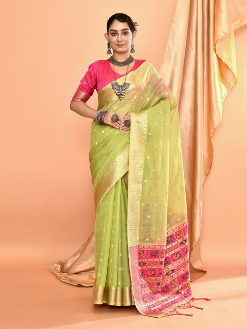 Dista Elora Dusty Green Pure Linen Silk Ikat Butti Zari Weaving Saree