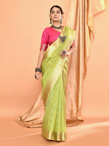 Dista Elora Dusty Green Pure Linen Silk Ikat Butti Zari Weaving Saree, view 2