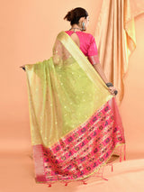Dista Elora Dusty Green Pure Linen Silk Ikat Butti Zari Weaving Saree, view 3