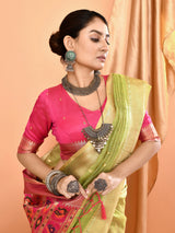 Dista Elora Dusty Green Pure Linen Silk Ikat Butti Zari Weaving Saree, view 4