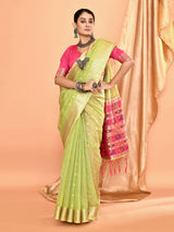 Dista Elora Dusty Green Pure Linen Silk Ikat Butti Zari Weaving Saree, view 5