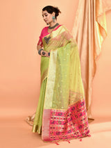 Dista Elora Dusty Green Pure Linen Silk Ikat Butti Zari Weaving Saree, view 6