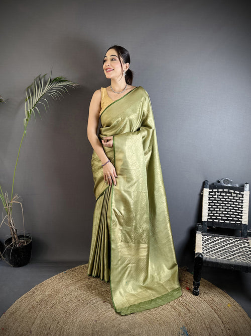 Dista Elora Dusty Green Soft Satin Silk Paisley & Floral Banarasi Saree