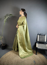 Dista Elora Dusty Green Soft Satin Silk Paisley & Floral Banarasi Saree, view 2