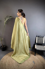 Dista Elora Dusty Green Soft Satin Silk Paisley & Floral Banarasi Saree, view 3