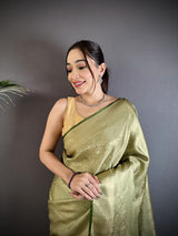 Dista Elora Dusty Green Soft Satin Silk Paisley & Floral Banarasi Saree, view 4