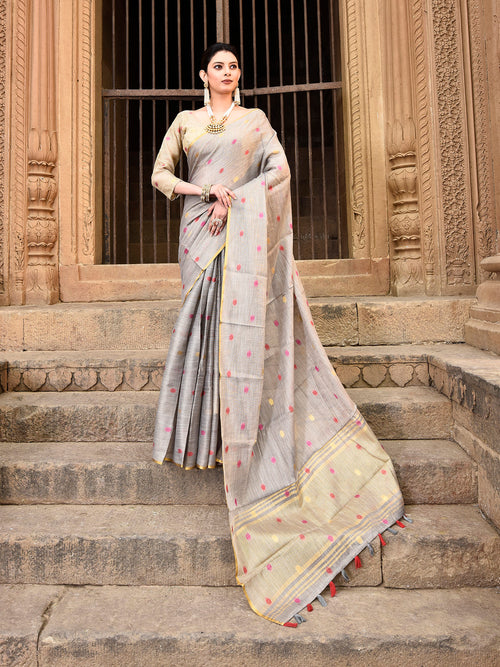 Dista Elora Dusty Grey Linen Tissue Multicolor Polka Dot Ikat Festive wear Saree