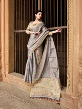 Dista Elora Dusty Grey Linen Tissue Multicolor Polka Dot Ikat Festive wear Saree, view 3