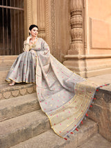 Dista Elora Dusty Grey Linen Tissue Multicolor Polka Dot Ikat Festive wear Saree, view 4