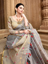 Dista Elora Dusty Grey Linen Tissue Multicolor Polka Dot Ikat Festive wear Saree, view 5