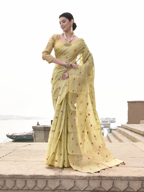 Dista Elora Dusty Light Green Linen Tissue Multicolor Polka Dot Ikat Festive wear Saree