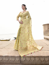 Dista Elora Dusty Light Green Linen Tissue Multicolor Polka Dot Ikat Festive wear Saree, view 2