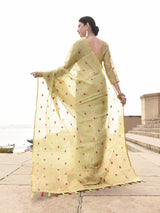Dista Elora Dusty Light Green Linen Tissue Multicolor Polka Dot Ikat Festive wear Saree, view 3