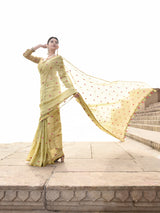 Dista Elora Dusty Light Green Linen Tissue Multicolor Polka Dot Ikat Festive wear Saree, view 4