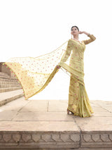 Dista Elora Dusty Light Green Linen Tissue Multicolor Polka Dot Ikat Festive wear Saree, view 5