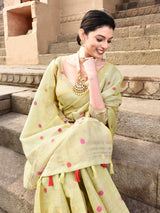 Dista Elora Dusty Light Green Linen Tissue Multicolor Polka Dot Ikat Festive wear Saree, view 6