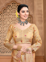 Dista Elora Dusty Orange Linen Tissue Multicolor Polka Dot Ikat Festive wear Saree, view 6