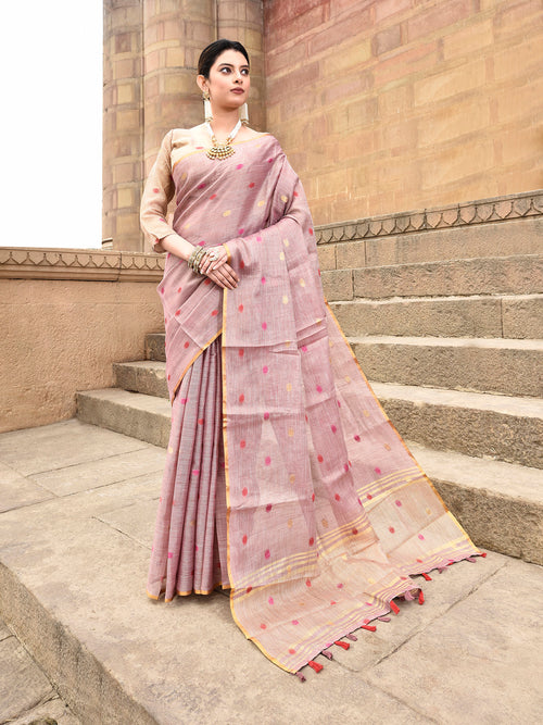 Dista Elora Dusty Pink Linen Tissue Multicolor Polka Dot Ikat Festive wear Saree