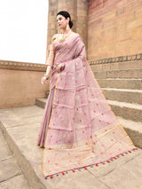 Dista Elora Dusty Pink Linen Tissue Multicolor Polka Dot Ikat Festive wear Saree, view 2