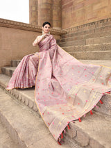 Dista Elora Dusty Pink Linen Tissue Multicolor Polka Dot Ikat Festive wear Saree, view 4