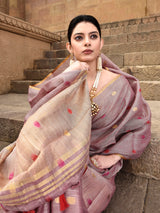 Dista Elora Dusty Pink Linen Tissue Multicolor Polka Dot Ikat Festive wear Saree, view 5