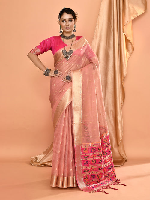 Dista Elora Dusty Pink Pure Linen Silk Ikat Butti Zari Weaving Saree