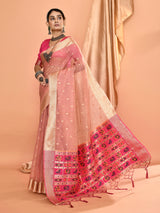 Dista Elora Dusty Pink Pure Linen Silk Ikat Butti Zari Weaving Saree, view 2