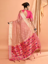 Dista Elora Dusty Pink Pure Linen Silk Ikat Butti Zari Weaving Saree, view 3